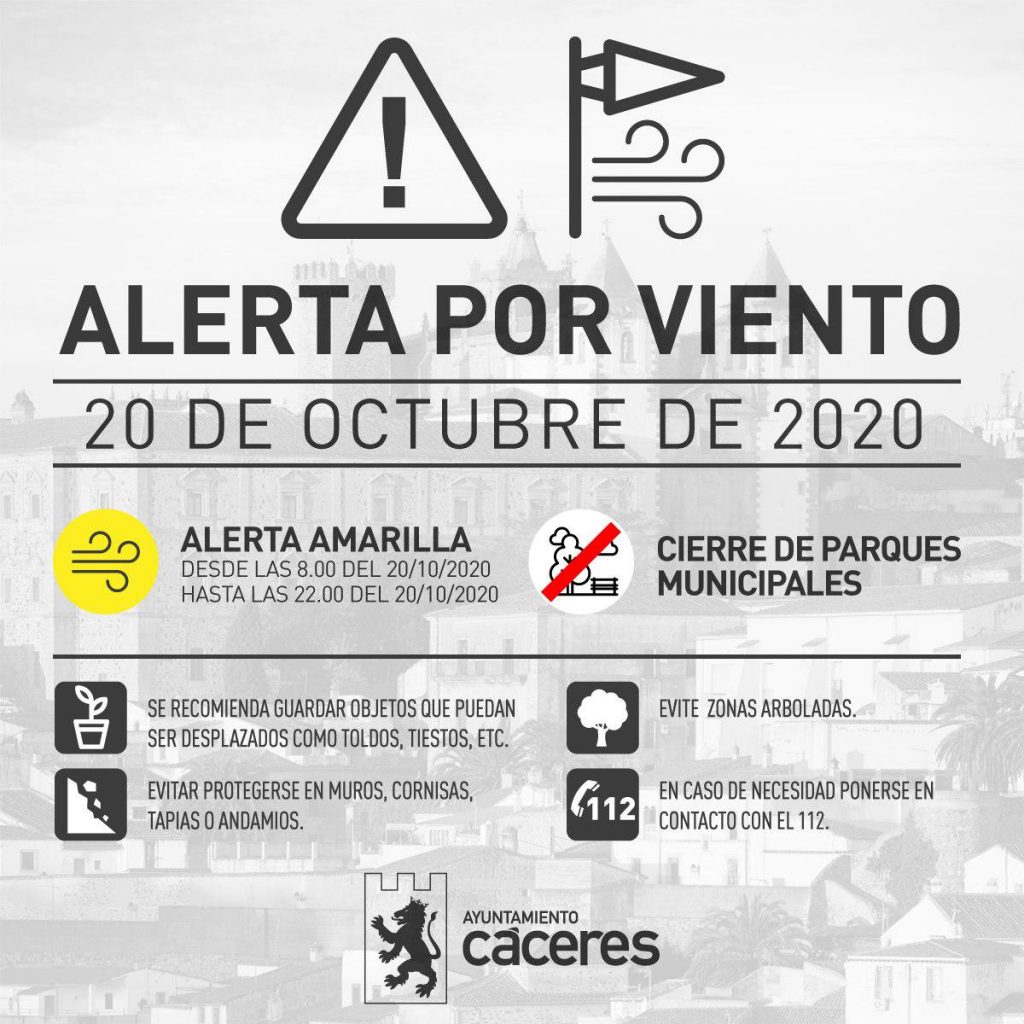 Atención: Este martes permanecerán cerrados los parques municipales de Cáceres por viento alerta