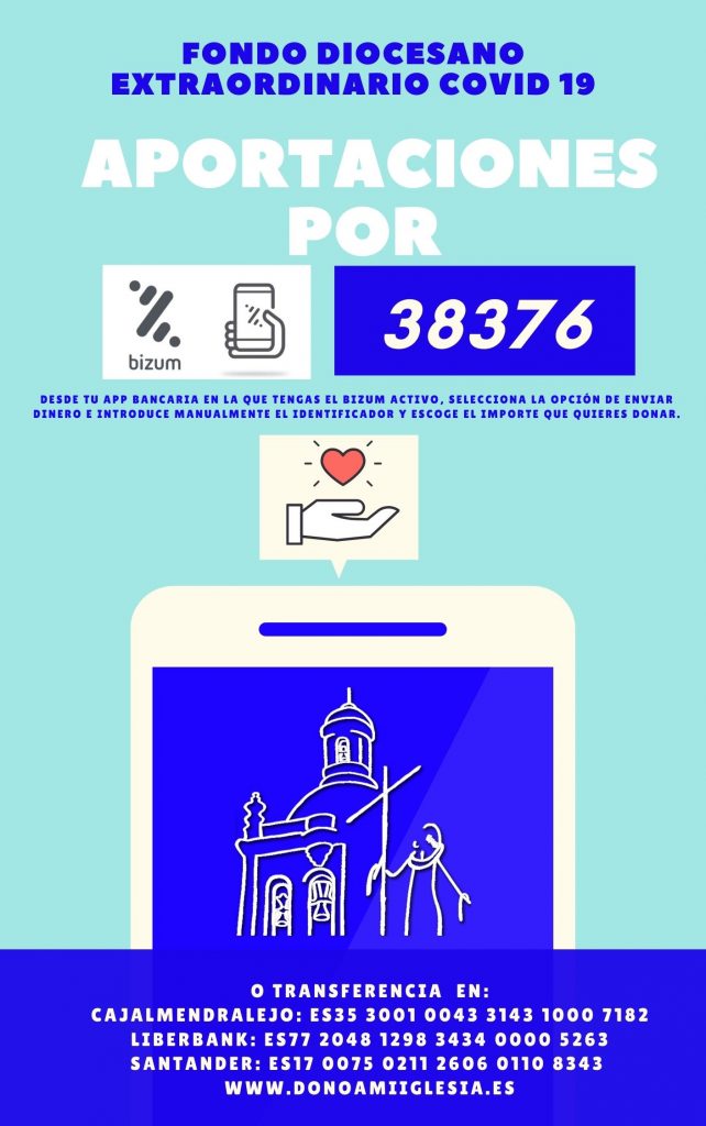 O TRANSFERENCIA EN Cajalmendralejo ES35 3001 0043 3143 1000 7182 Liberbank ES77 2048 1298 3434 0000 5263 Santander ES17 0075 0211 2606 0110 8343 www.donoamiiglesia.es