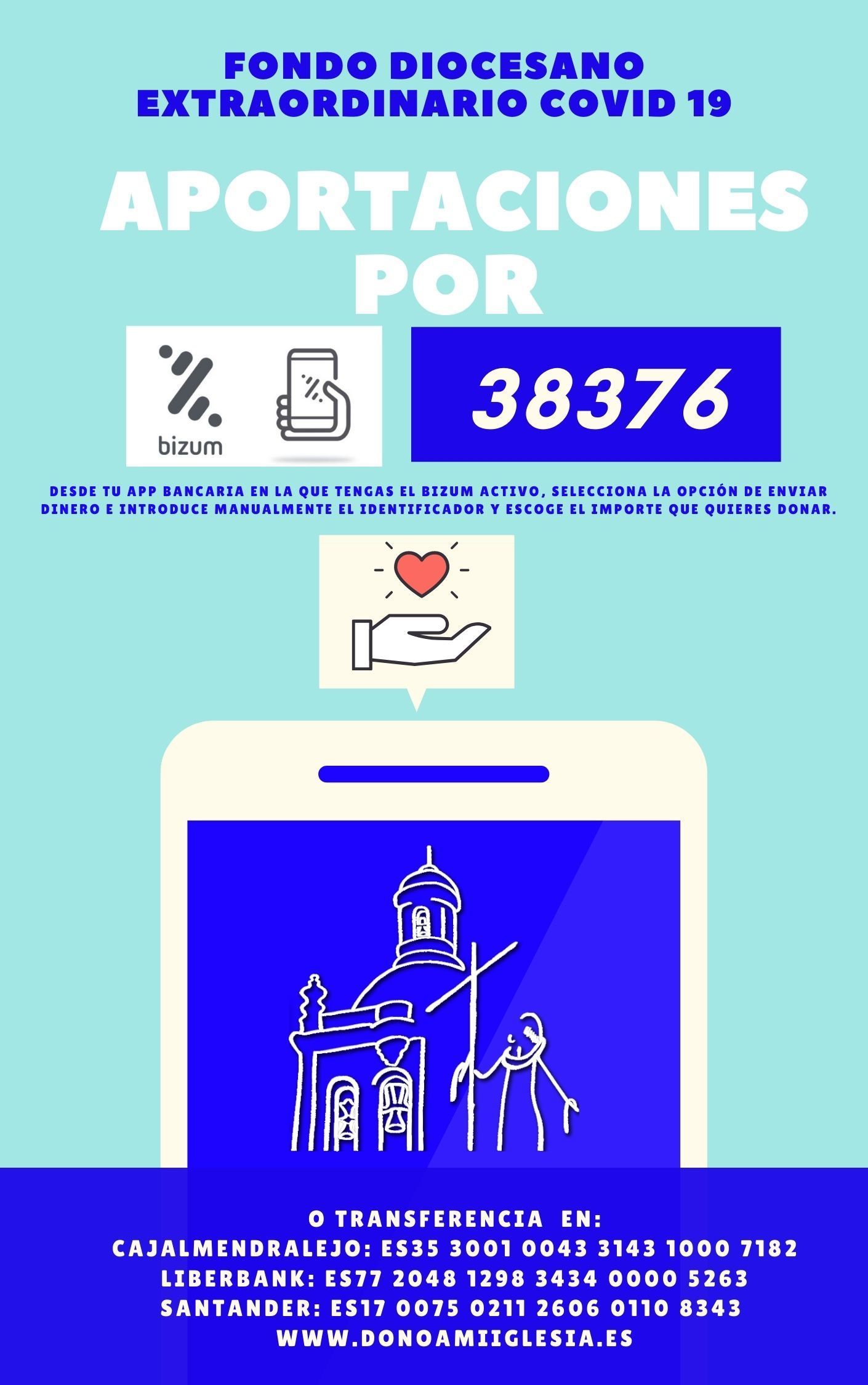 O TRANSFERENCIA EN Cajalmendralejo ES35 3001 0043 3143 1000 7182 Liberbank ES77 2048 1298 3434 0000 5263 Santander ES17 0075 0211 2606 0110 8343 www.donoamiiglesia.es