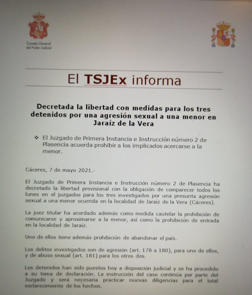 Libertad para los tres detenidos por una presunta agresión sexual a una menor en Jaraíz de la Vera. AGRESION SEXUAL