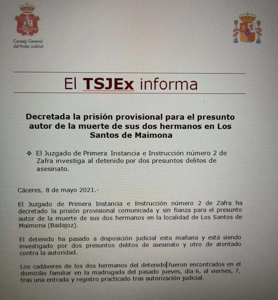 Prisión a para el presunto autor de la muerte de sus dos hermanos en Los Santos de Maimona PRISION
