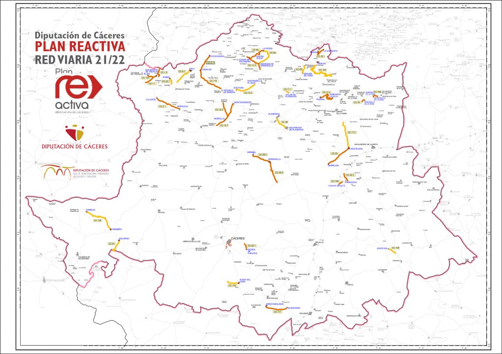 Diputación de Cáceres amplia el Plan Re-Activa 2021-22 Red Viaria con 14 actuaciones y un presupuesto de 1.6M€ DIP Caceres MAPA CRTAS 2021 pq