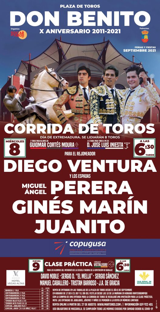 Corrida de toros mixta en la plaza de D. Benito con Diego Ventura, Miguel Ángel Perera, Ginés Marín y Juanito. cartel toros d benito
