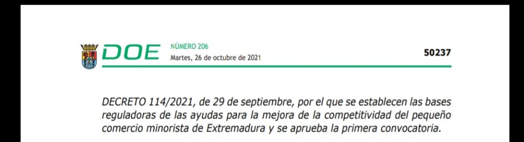 Publicadas las bases y la primera convocatoria de ayudas para la mejora de la competitividad del pequeño comercio minorista de Extremadura doe