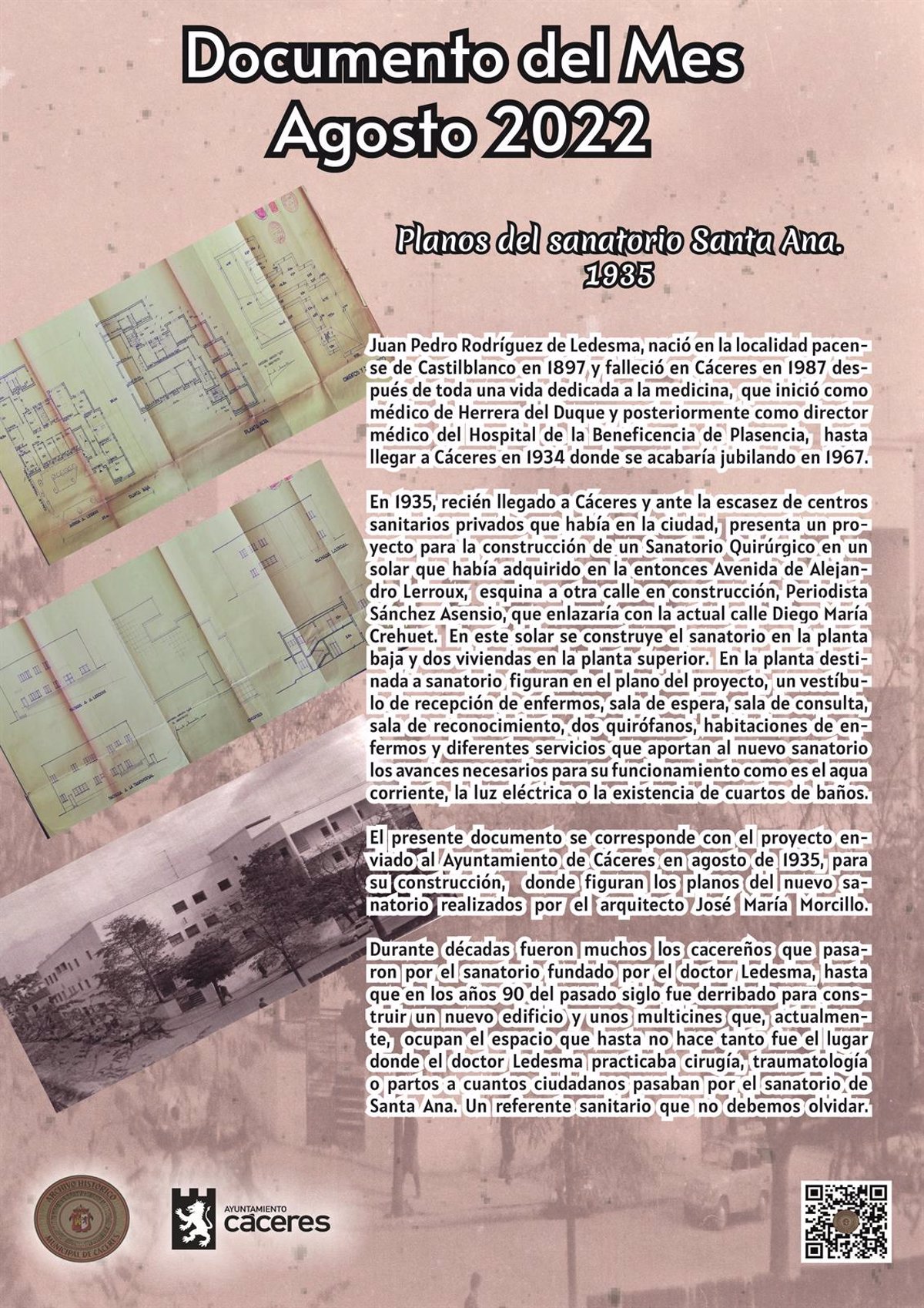 el palacio de la isla de caceres expone como documento del mes de agosto los planos del sanatorio santa ana de 1935