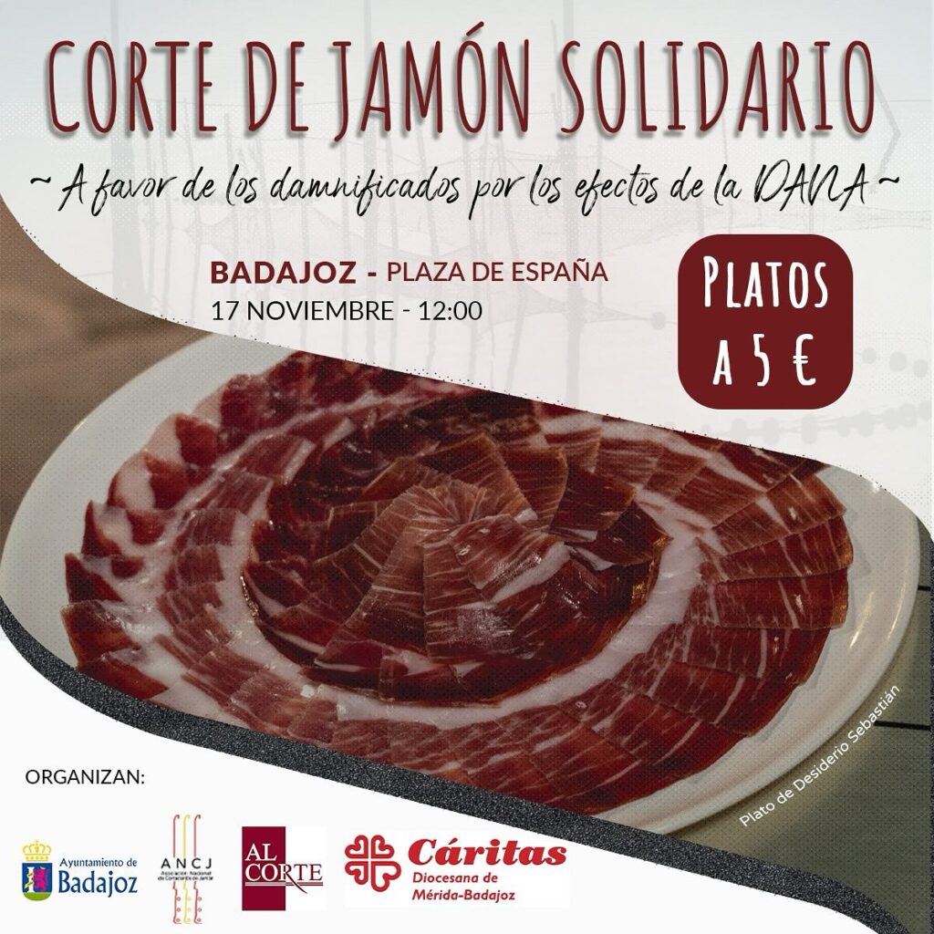 Corte de 40 jamones solidarios en Badajoz para ayudar a los damnificados por la DANA cartel jamon solidario