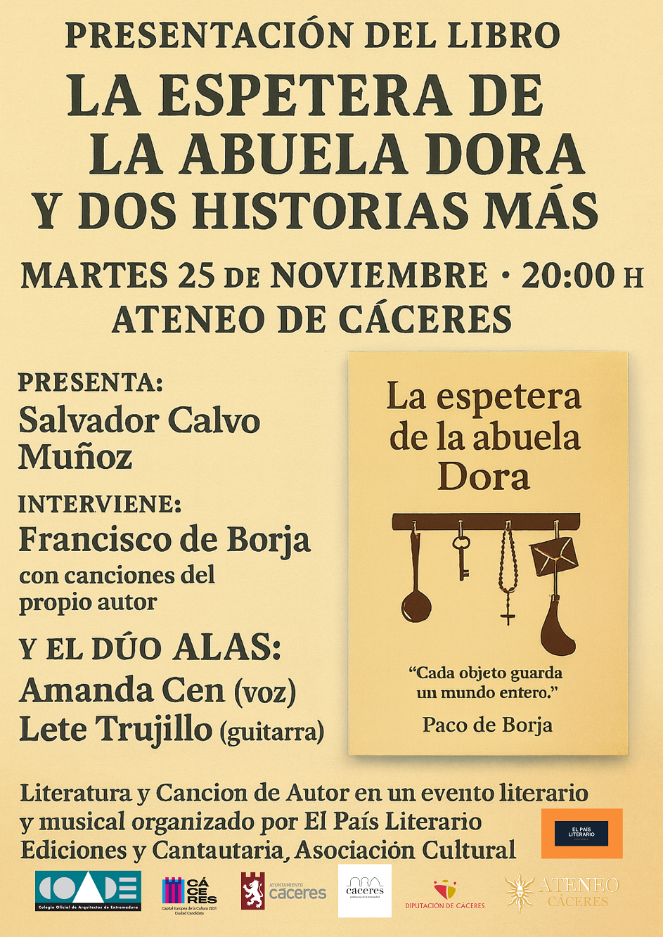Francisco de Borja presenta La espetera de la abuela y dos historias más , dentro del Otoño Literario cacereño cartel copia la espetera 1