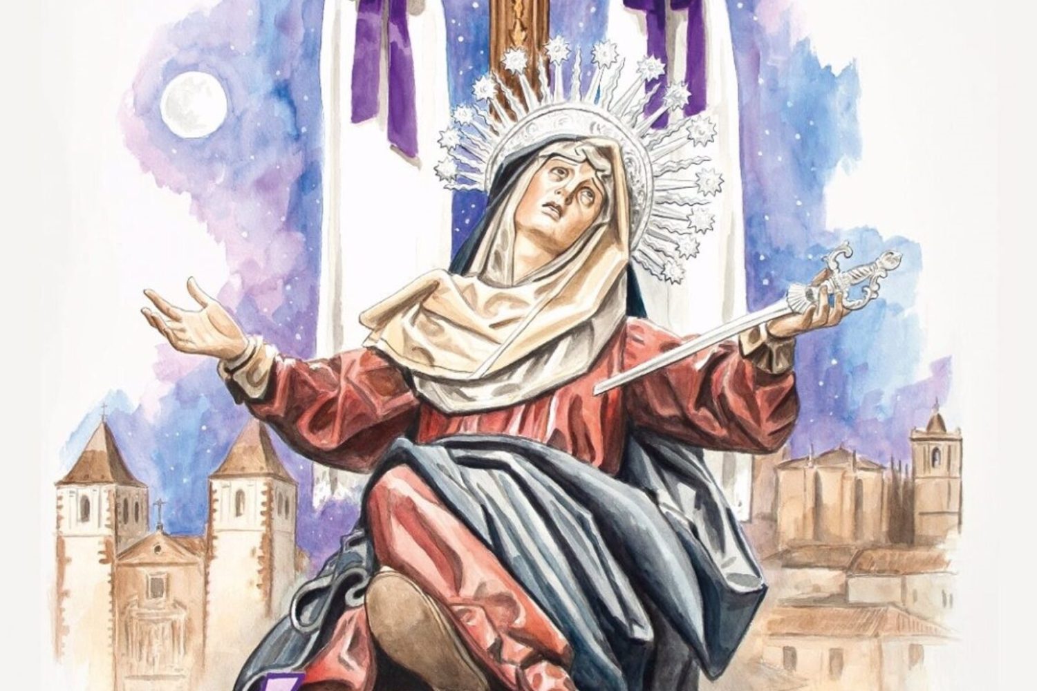 Una acuarela de La Dolorosa de la Cruz ilustra el cartel oficial de la Semana Santa de Cáceres en 2025
