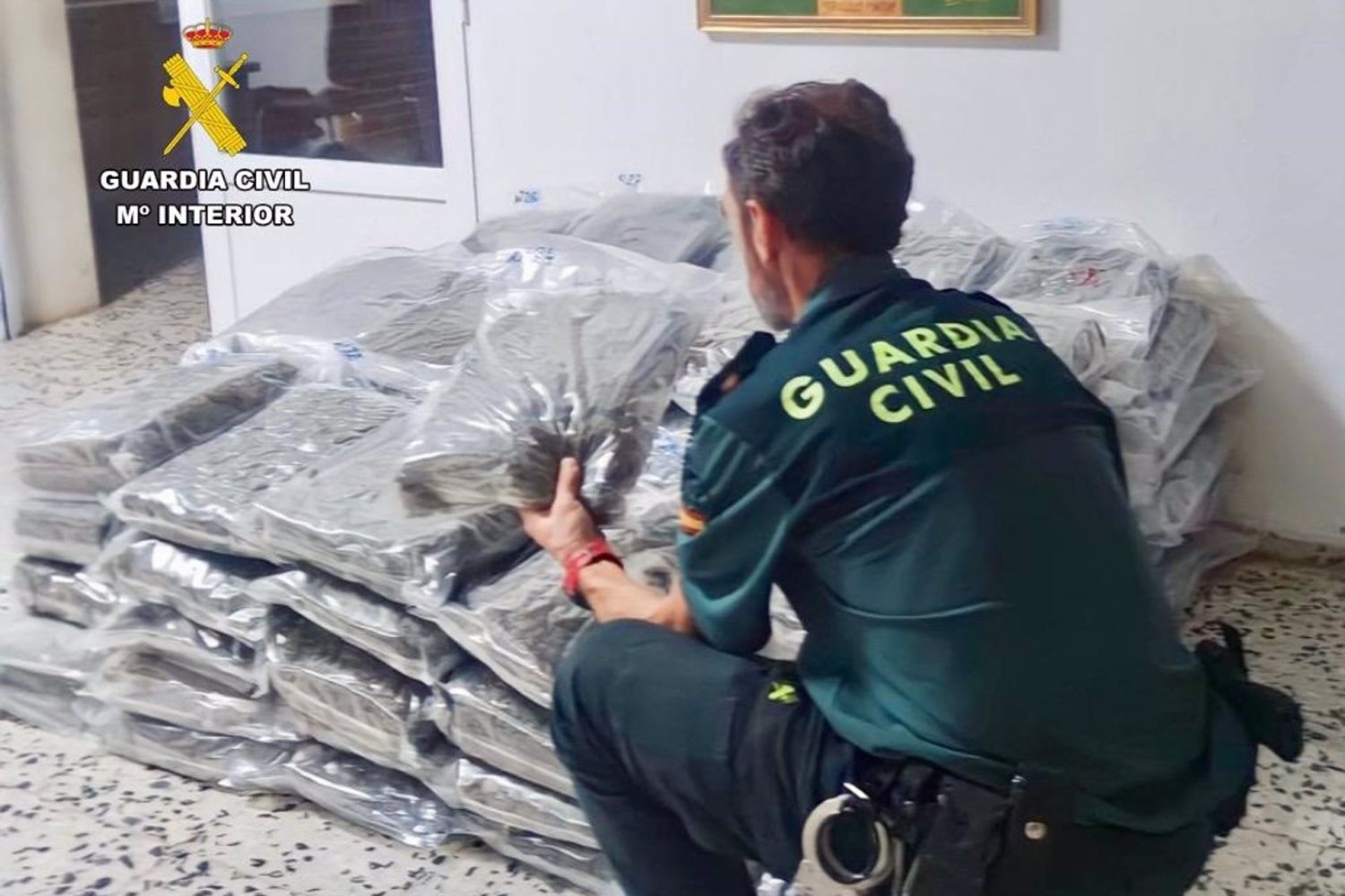 29/07/2023 Un guardia civil junto a los paquetes de cogollos de marihuana localizados en un vehículo cerca de Trujillo..

La Guardia Civil ha localizado 94 kilos de cogollos de marihuena en un vehículo accidentado en la autovía A-5 cerca de la localidad cacereña de Trujillo.

SOCIEDAD 
GUARDIA CIVIL
