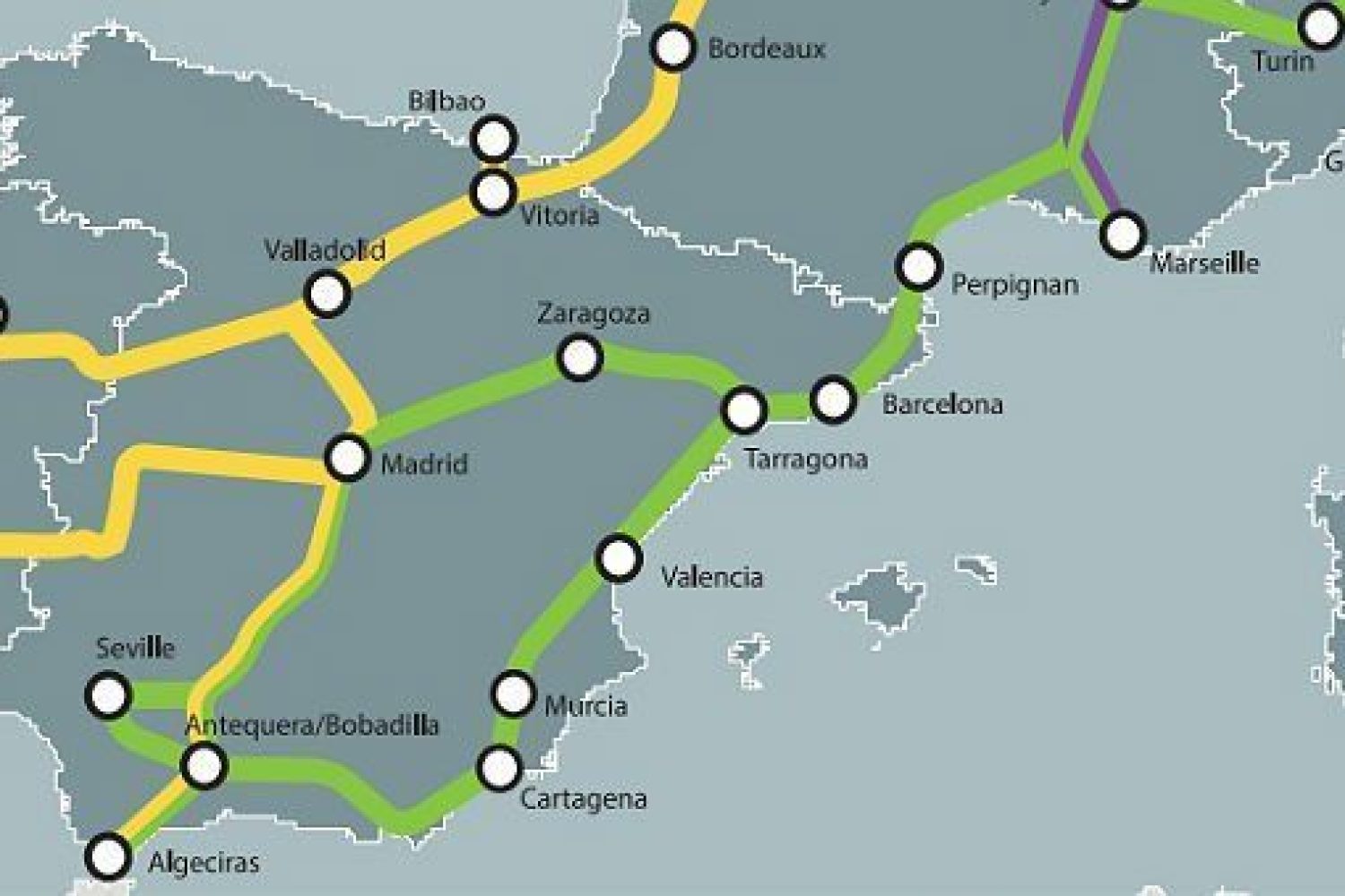 El corredor ferroviario atlántico (amarillo) y mediterráneo (verde) de la Red Transeuropea de Transporte a su paso por España -