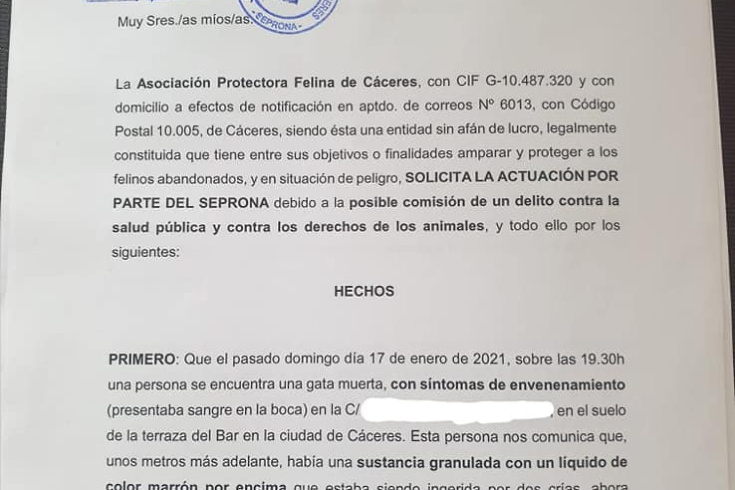 Uno de los documentos de la denuncia. Im: Facebook de la Protectora felina