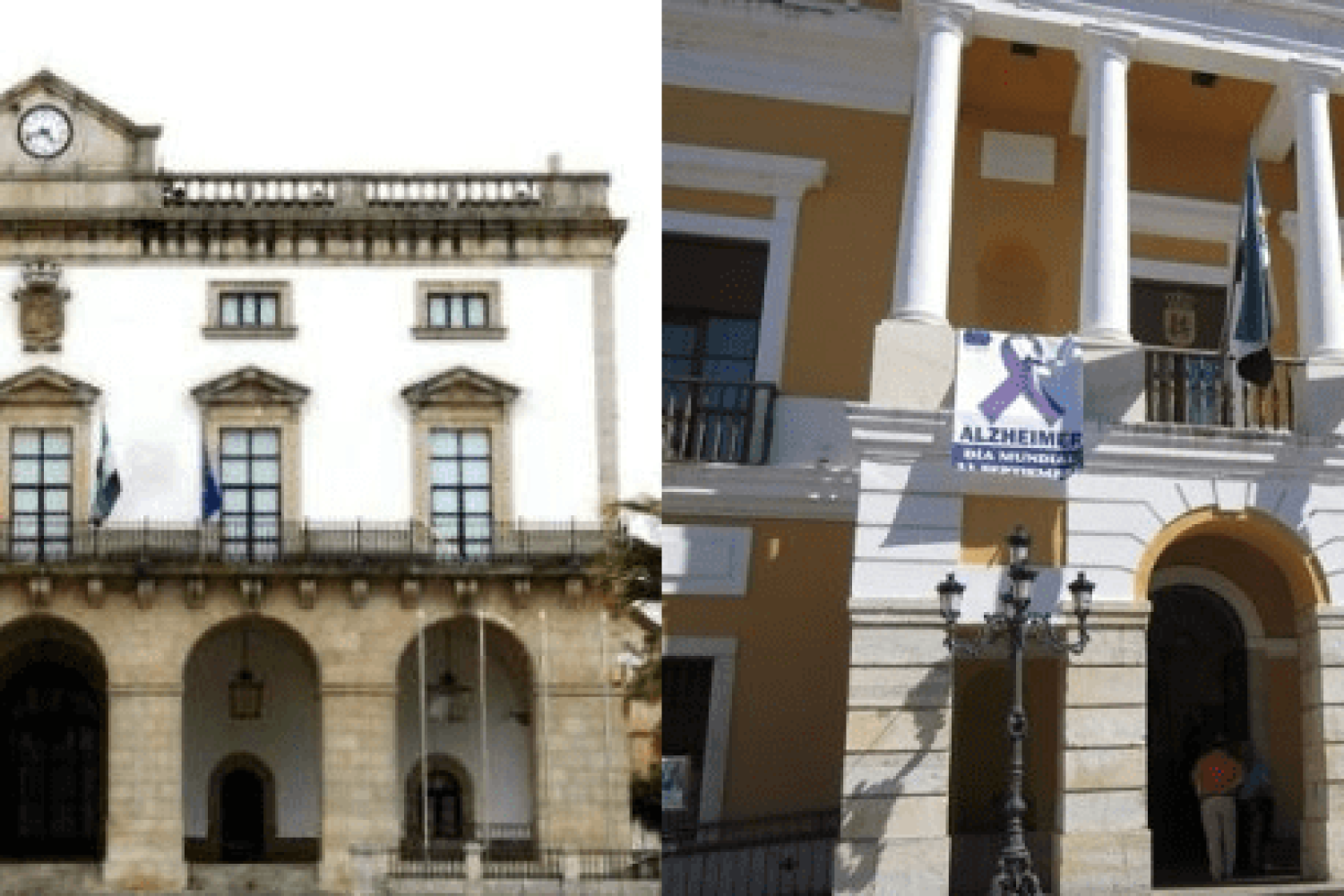 De izda a dcha, fachadas de los ayuntamientos de Cáceres y Badajoz.