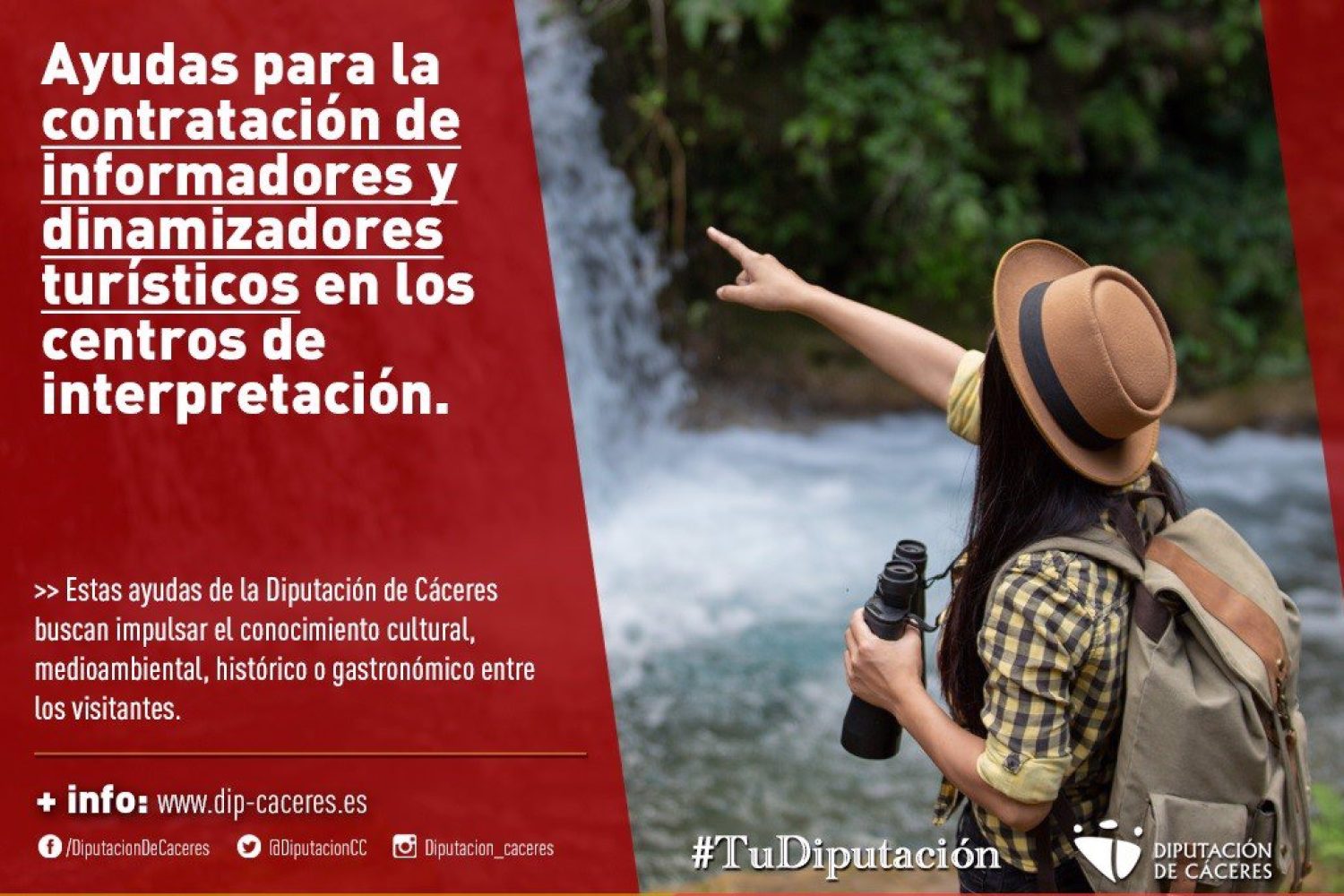 01/12/2020 Cartel sobre las ayudas para contratar personal en los centros de interpretación de la provincia de Cáceres.

El Boletín Oficial de la Provincia (BOP) ha publicado la convocatoria de ayudas que ofrece la Diputación de Cáceres, con un presupuesto total de 750.000 euros, para la contratación de informadores y dinamizadores turísticos en los centros de interpretación de la provincia para el año 2021.

POLITICA AUTONOMÍAS
DIPUTACIÓN DE CÁCERES