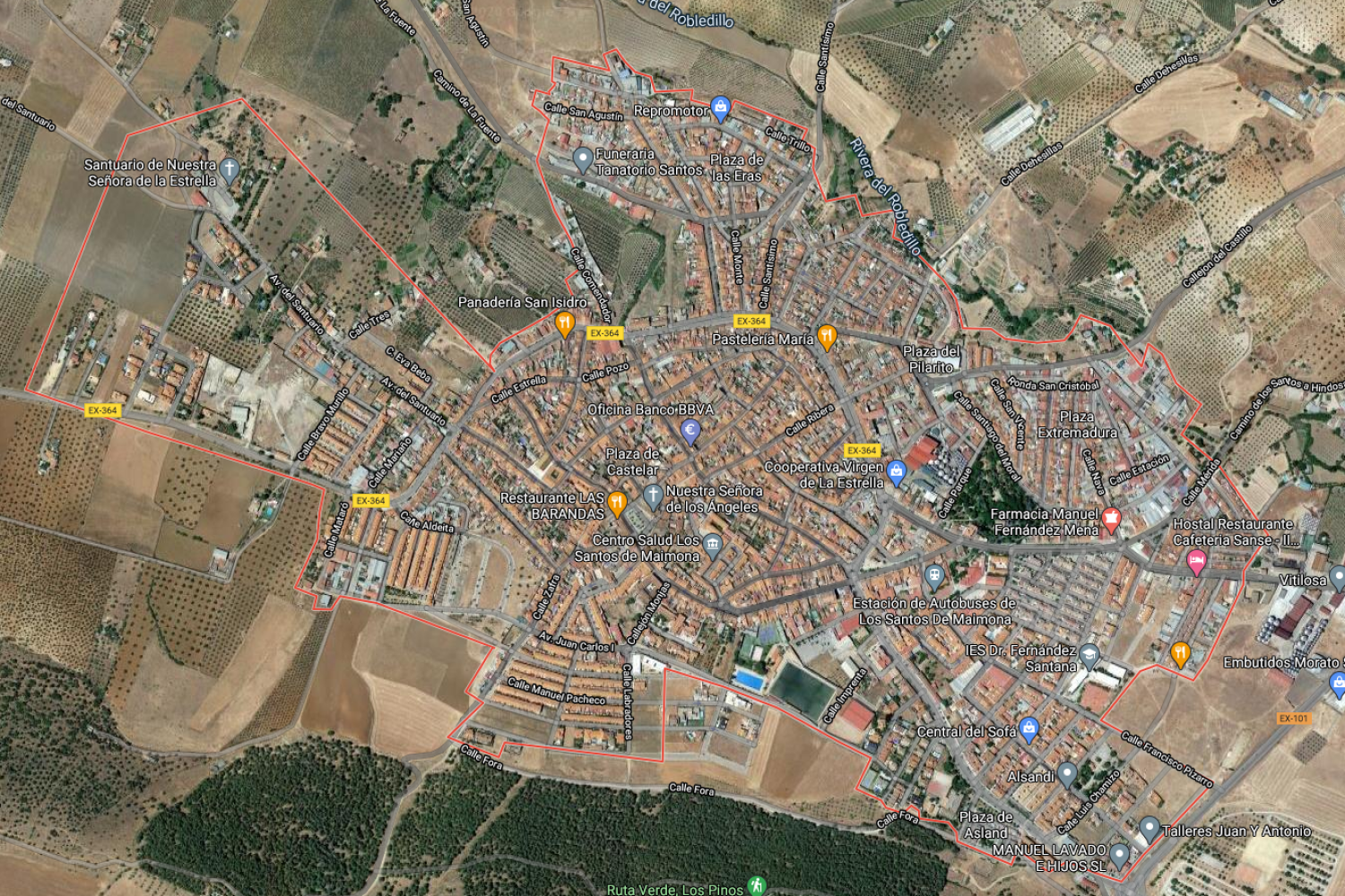 Vista por satélite de Los Santos de Maimona. Google Maps.