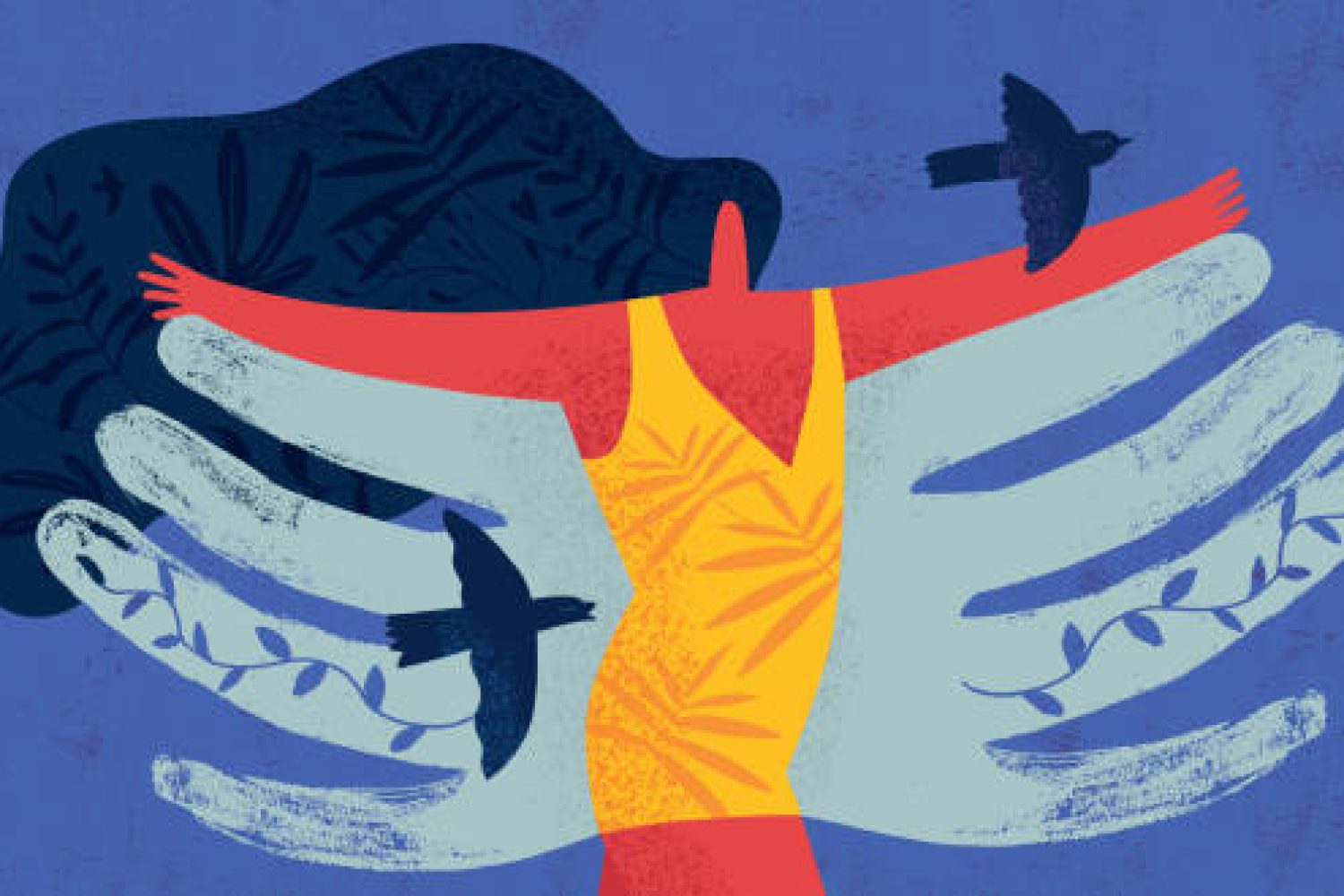 Vibrant flat illustration made as composite of hand drawn elements and textures showing a woman with spread wings feeling freedom and happiness – metaphor for infinite possibility and having a faith in yourself.
