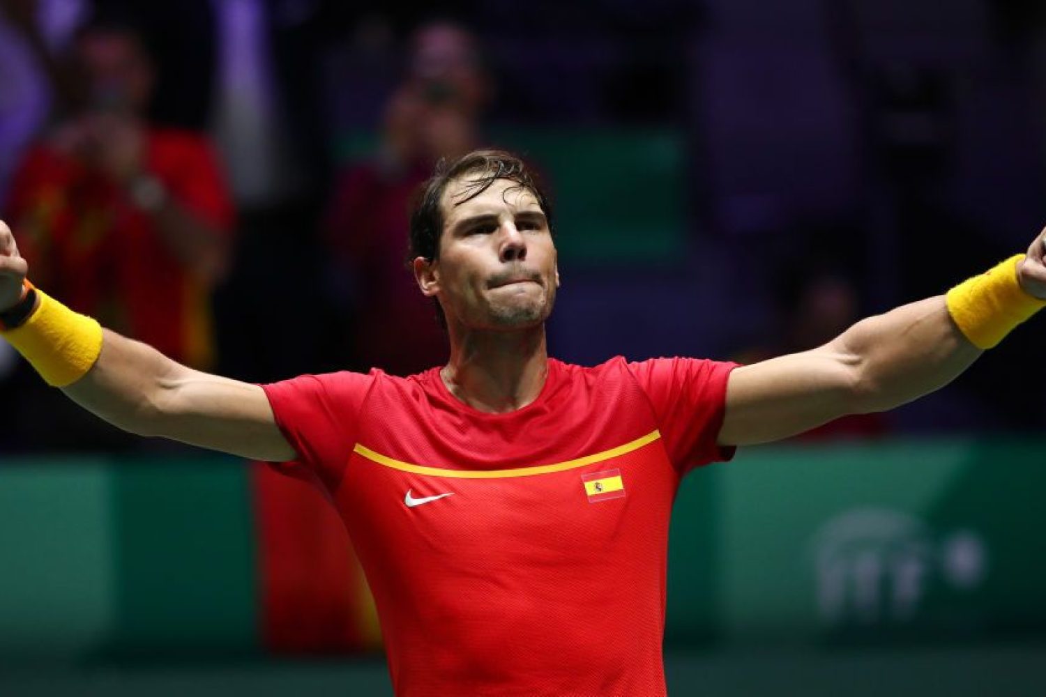 MADRID, SPAIN - NOVEMBER 23: Rafael Nadal of Spain celebrates following his victory in his semi final singles match against Dan Evans of Great Britain during Day 6 of the 2019 Davis Cup at La Caja Magica on November 23, 2019 in Madrid, Spain. (Photo by Clive Brunskill/Getty Images for LTA)