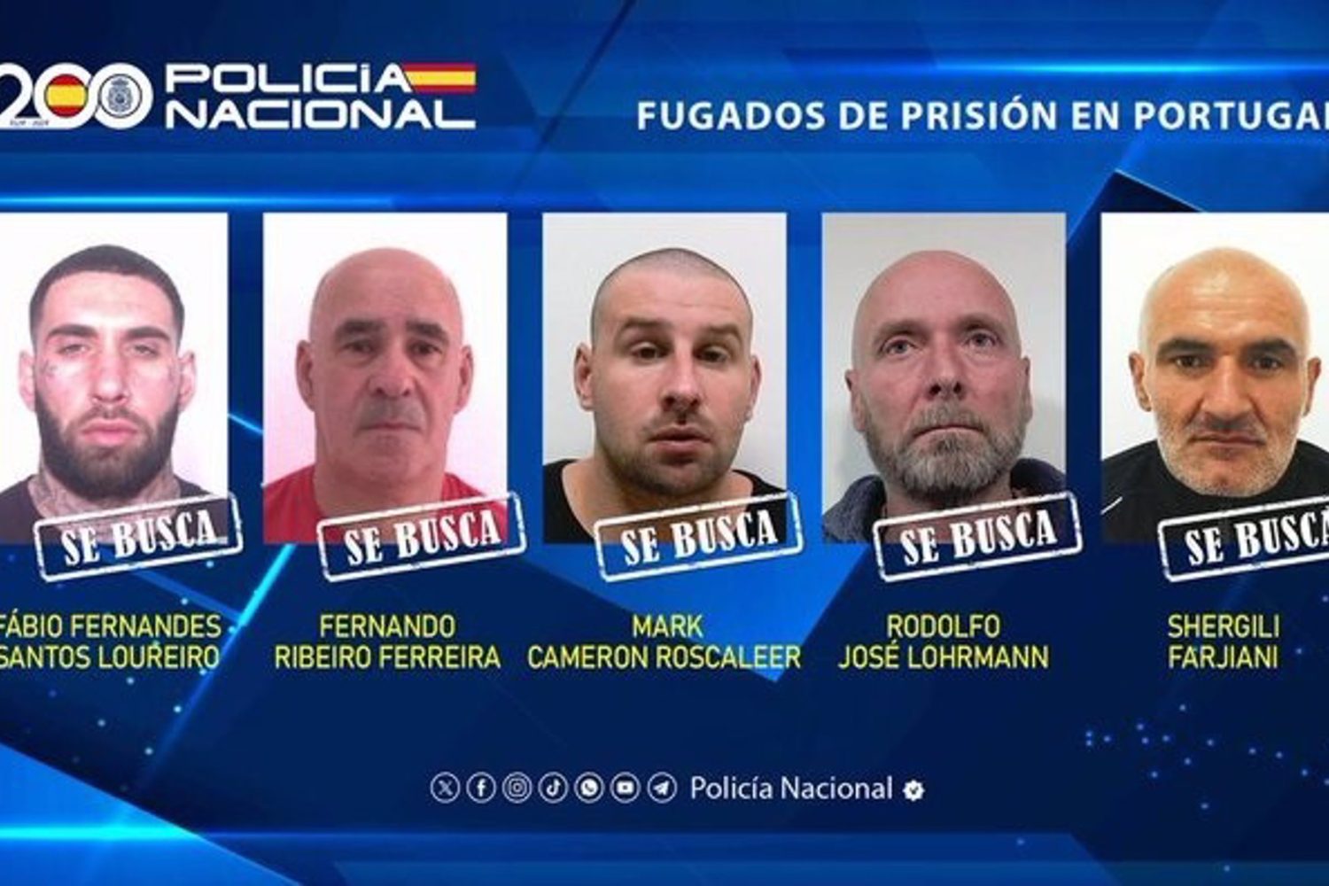 imagen de los cinco presos peligrosos fugados en Portugal para pedir colaboración ciudadana.

La Policía Nacional ha difundido en sus redes sociales la imagen de los cinco presos peligrosos fugados en Portugal