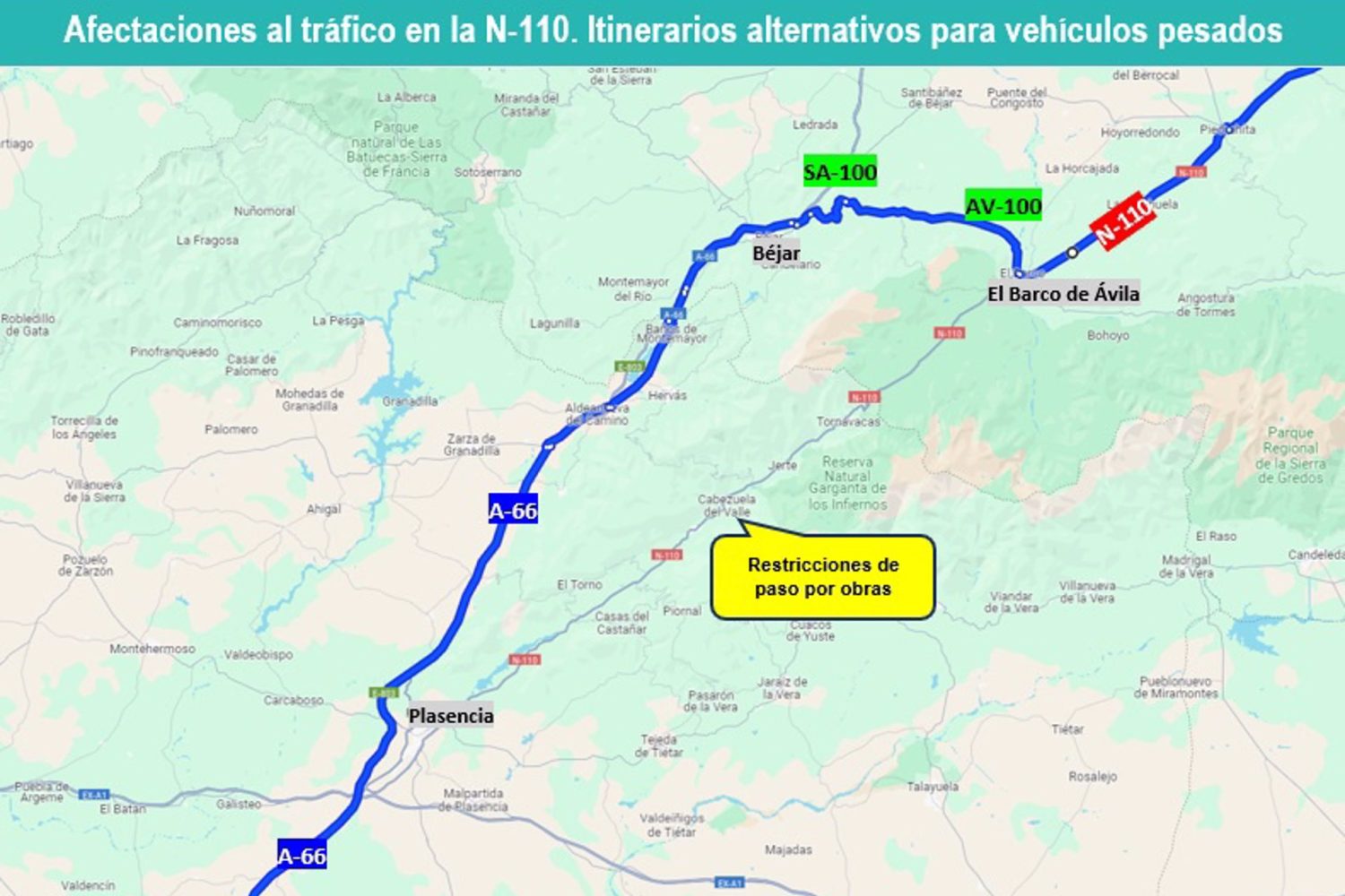 Las obras del nuevo puente de Cabezuela del Valle provocan restricciones en el tráfico en la N-110 desde este miércoles